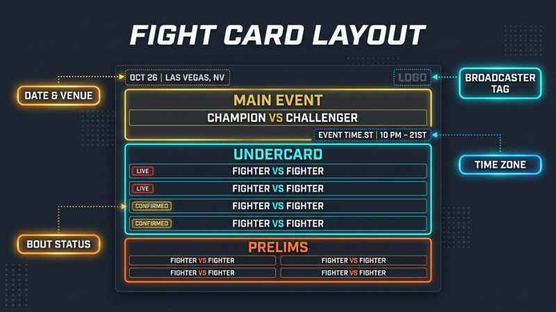 Diagram breaking down key fields in a boxing schedule including main event, undercard, and start times.
