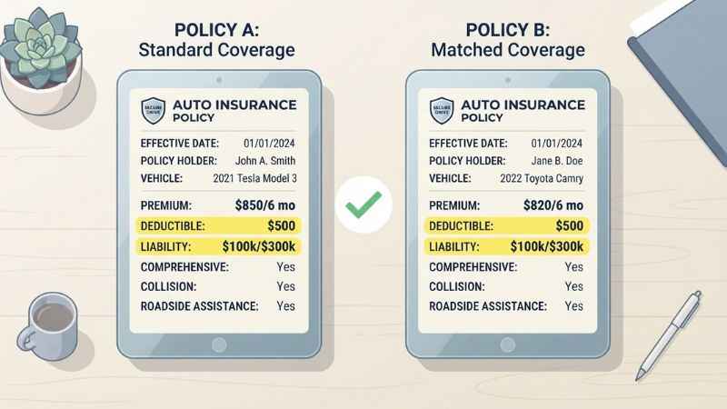 A checklist showing how to compare identical insurance coverage limits and deductibles.