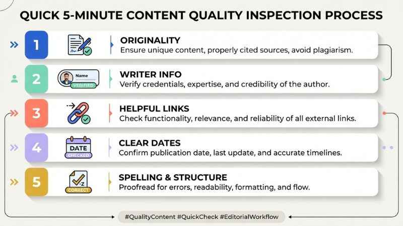 A checklist diagram outlining how to test article quality on website pages.
