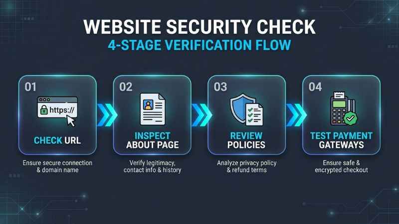 An infographic outlining four clear steps to verify website safety before buying online.