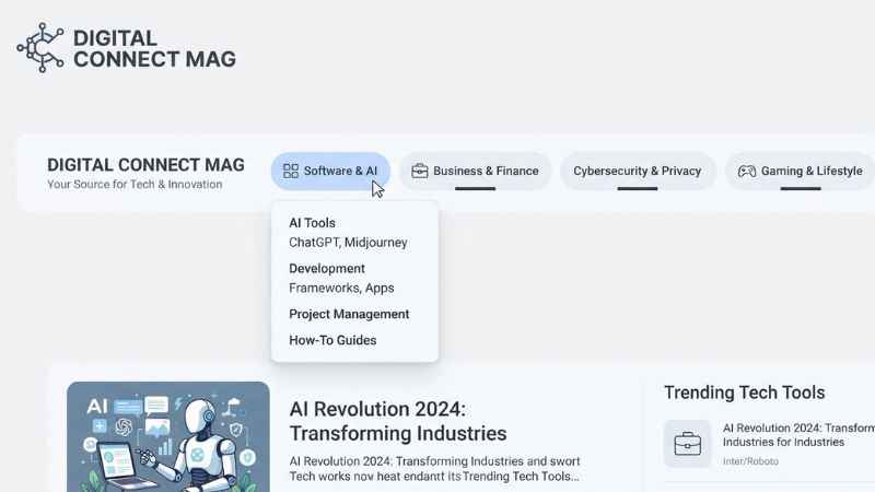 Screenshot of digitalconnectmag.com displaying the primary navigation categories.