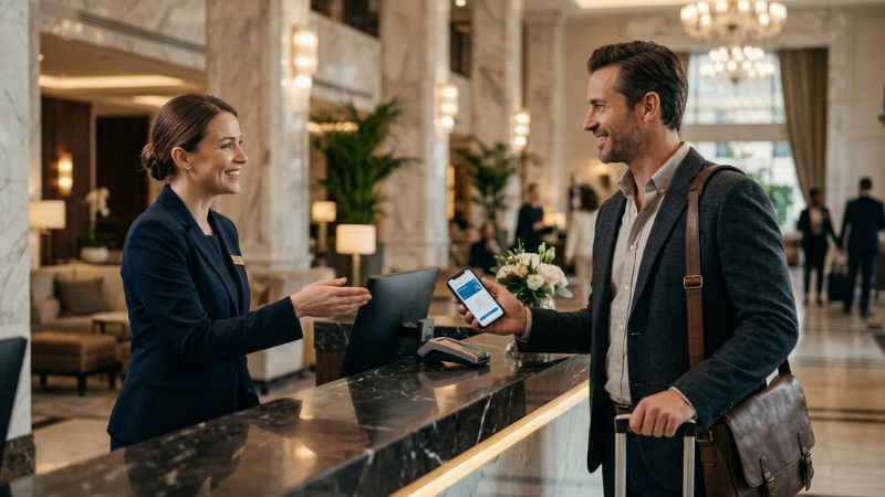 A traveler checking in at a hotel front desk after booking a direct room rate.