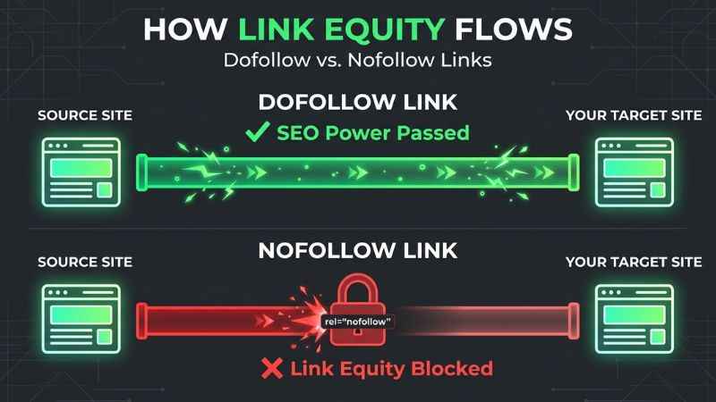Diagram explaining how dofollow and nofollow backlinks pass search engine authority to target websites.