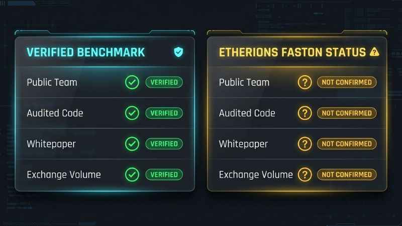 A checklist comparing standard crypto security benchmarks with current Etherions Team Faston public records.