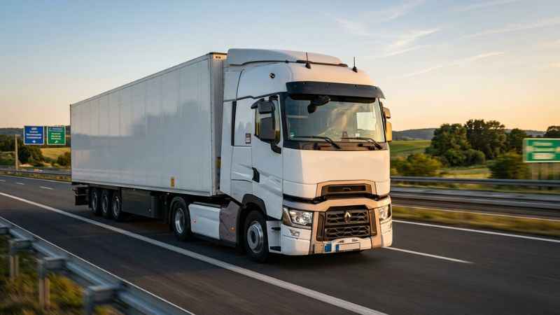 Commercial transport truck driving on a European highway representing Adomida UAB freight services.