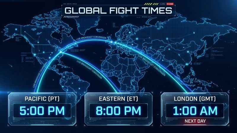 Time zone conversion graphic showing local broadcast times for an international boxing event.