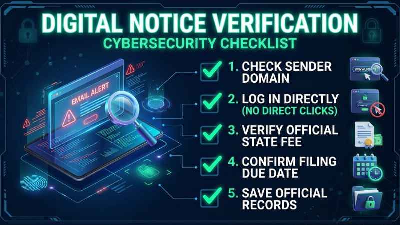 Checklist graphic showing how to safely verify business compliance notices and state filing fees.