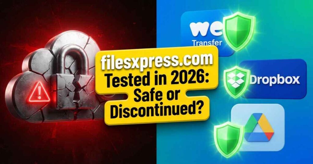 Illustration comparing filesxpress.com status with secure file sharing tools like Dropbox and WeTransfer.
