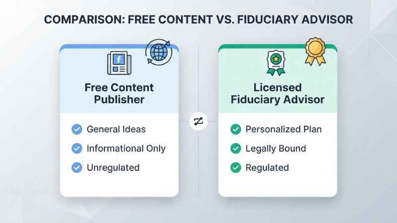 A diagram comparing a free financial content publisher with a licensed fiduciary advisor.