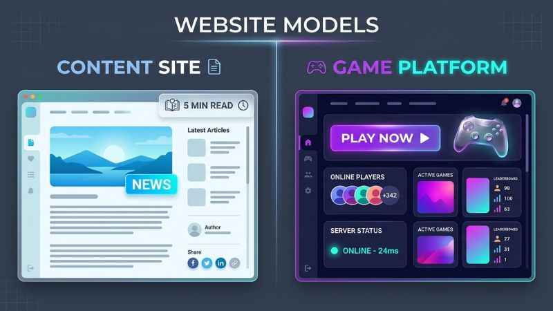 A visual chart comparing features of sites with published gaming articles versus playable game platforms.