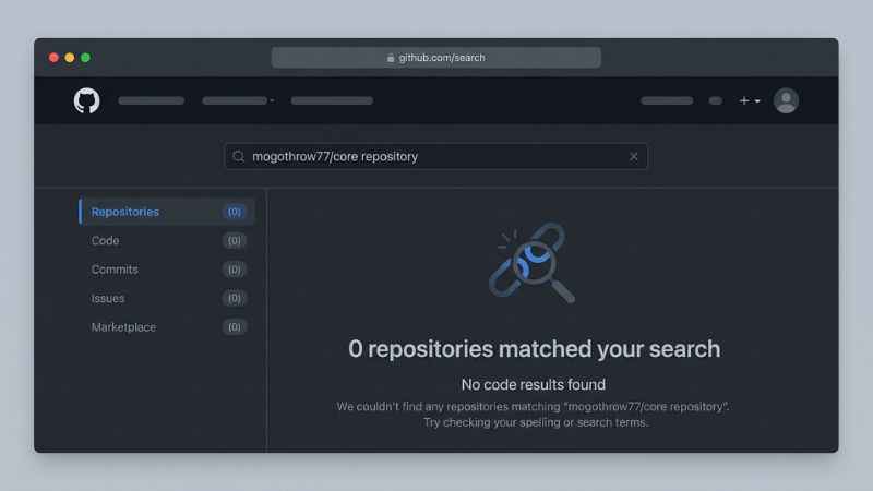 Web browser page showing an empty search result when looking for an official software code repository.