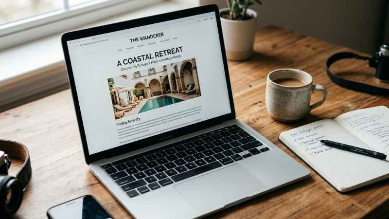 Laptop screen displaying a travel blog article about hotels beside a clean spiral notebook