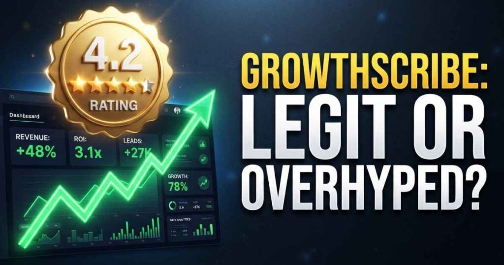 GrowthScribe marketing agency review title banner showing star ratings and growth chart metrics.