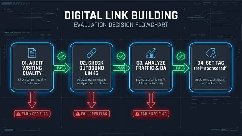 Flowchart showing steps to evaluate general content sites for SEO guest posts.