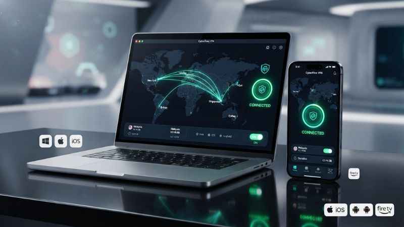 Mobile phone and laptop displaying secure VPN app connections