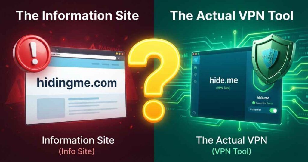 Split graphic comparing hidingme com informational website with hide.me VPN software tool