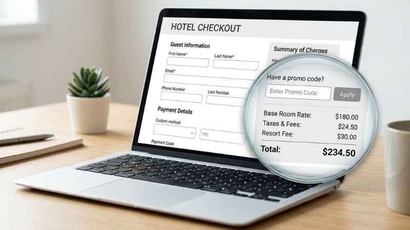 A hotel booking checkout screen showing where to enter discount codes and check total prices.