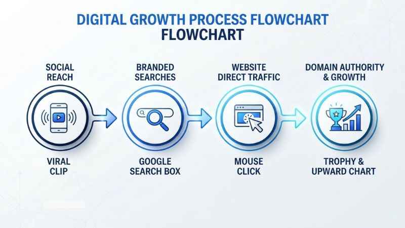 A simple flowchart illustrating the indirect link between social media visibility and search engine optimization.
