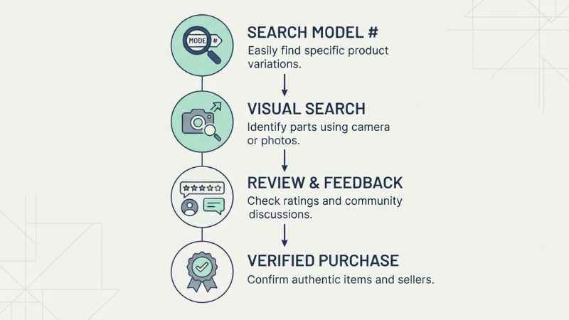A step-by-step graphic outlining how to check online tech products before buying.