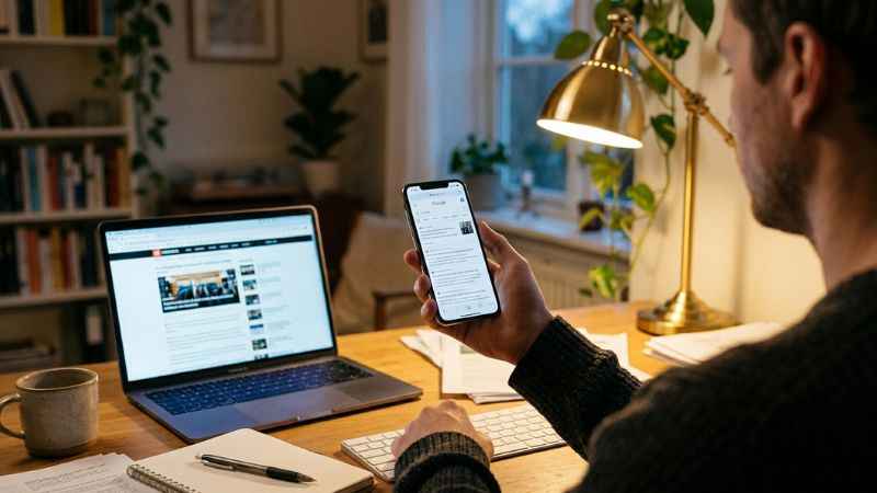 A person using a laptop and phone to cross-check online news articles with primary sources.
