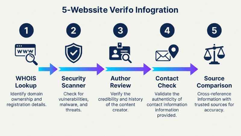 Five-step infographic guide showing how to check if any financial website is safe and legitimate.