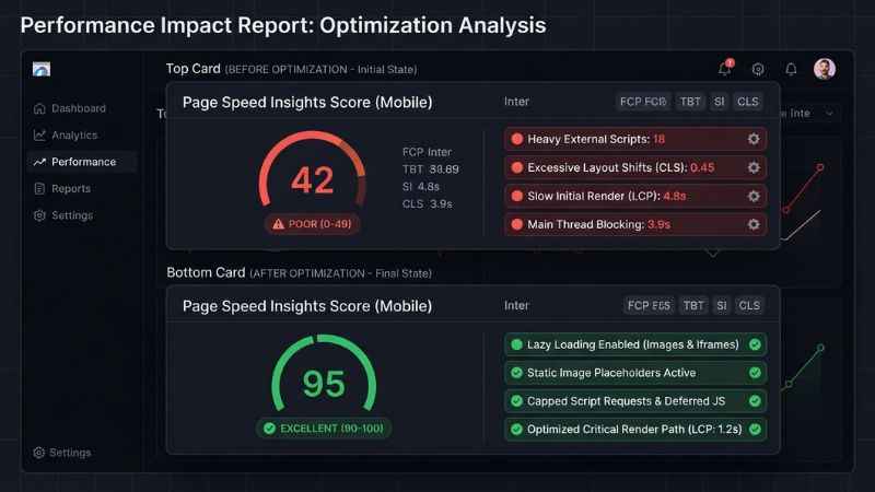 PageSpeed Insights score report showing performance improvements after setting up lazy loading on social media embeds.