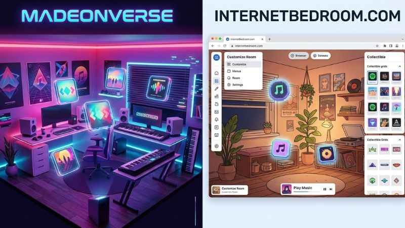 Visual comparison showing a Madeonverse bedroom layout next to an internetbedroom design.