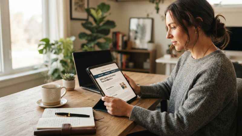 A reader viewing financial education articles and business tips on a digital tablet.
