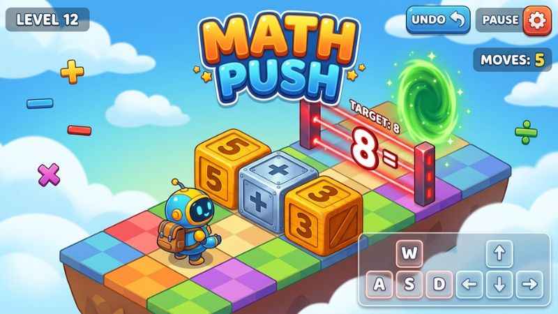 Gameplay screen of Math Push on Math Playzone showing number blocks and target values.