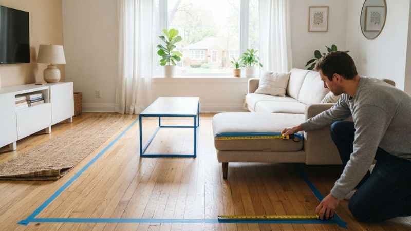 Measuring a small living room floor with tape to pick proper furniture scale.