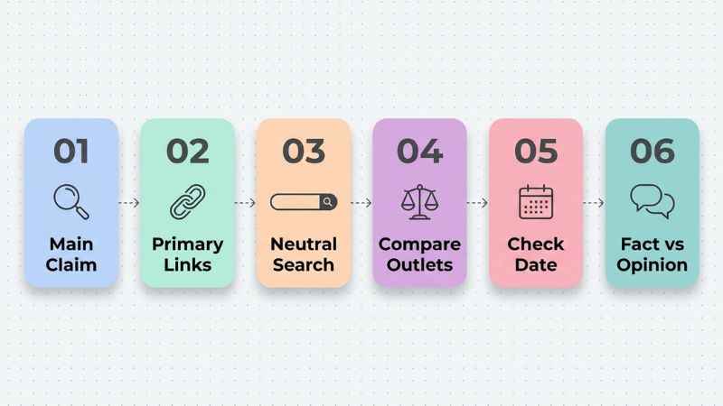 A numbered infographic showing six simple steps to verify online news accuracy.