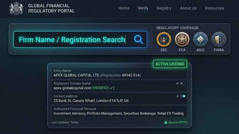 Verification search tool demonstration for checking regulated broker licenses.