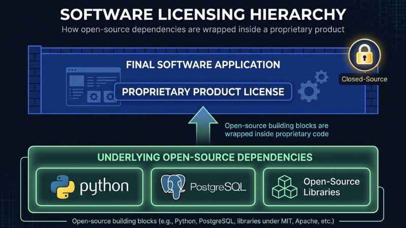 Diagram explaining the distinction between open-source underlying libraries and a proprietary software product license.