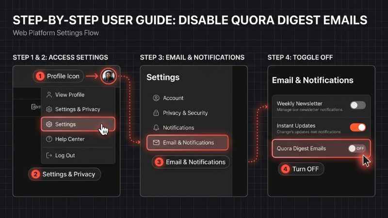 Annotated guide showing how to navigate to Email and Notifications inside official Quora account settings.