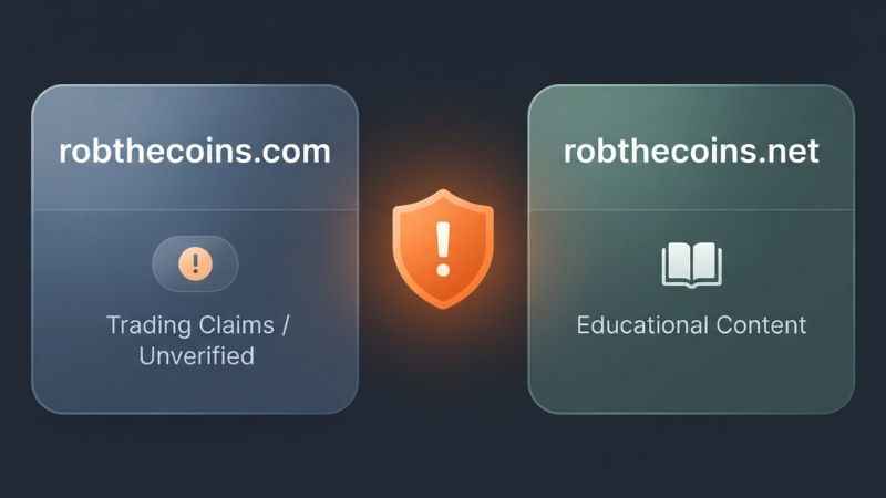 Comparison graphic showing robthecoins.com versus robthecoins.net features and safety status.