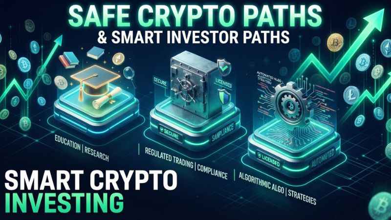 Infographic illustration highlighting verified alternatives for crypto learning and regulated trading.