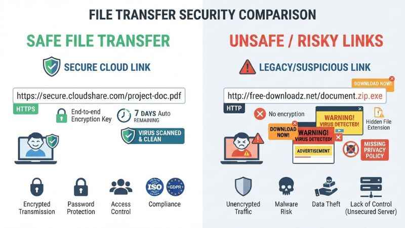 Diagram explaining the 10-point safety checklist for evaluating online file upload sites.
