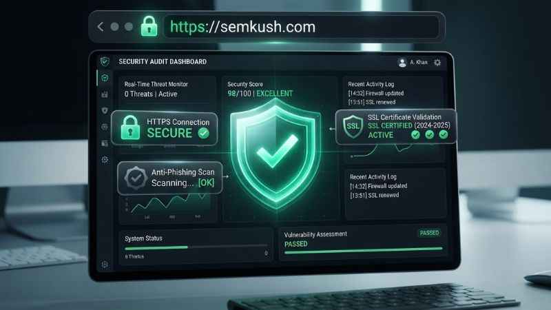 Security report illustration displaying safe browsing signals and green trust checkmarks for semkush.com.