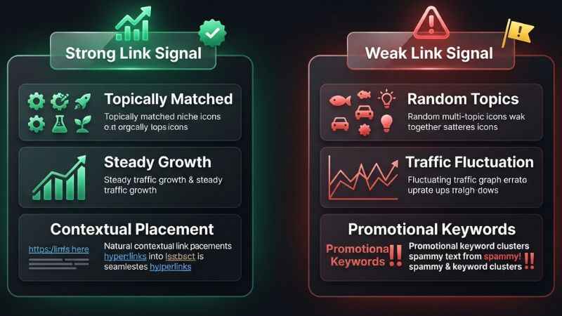 A comparison table showing strong versus weak SEO link signals when buying guest posts on general websites.