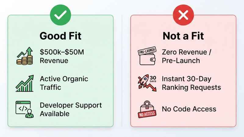 Comparison chart showing ideal client fit criteria for seothumb.com services