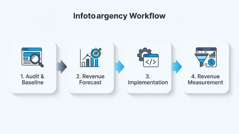 Four-step SEO process diagram used by seothumb.com for technical audits and tracking