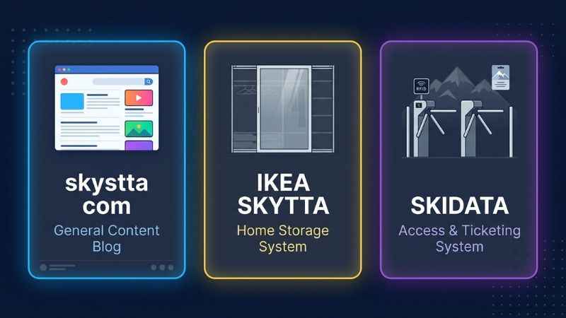 Comparison graphic illustrating the differences between skystta com, IKEA SKYTTA wardrobe doors, and SKIDATA access systems.