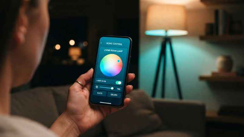 A person holding a smartphone to control smart lighting in a living room setup.