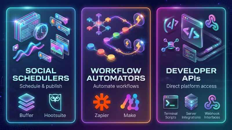 Graphic showing examples of social scheduling and workflow tools like Buffer, Zapier, and Make.