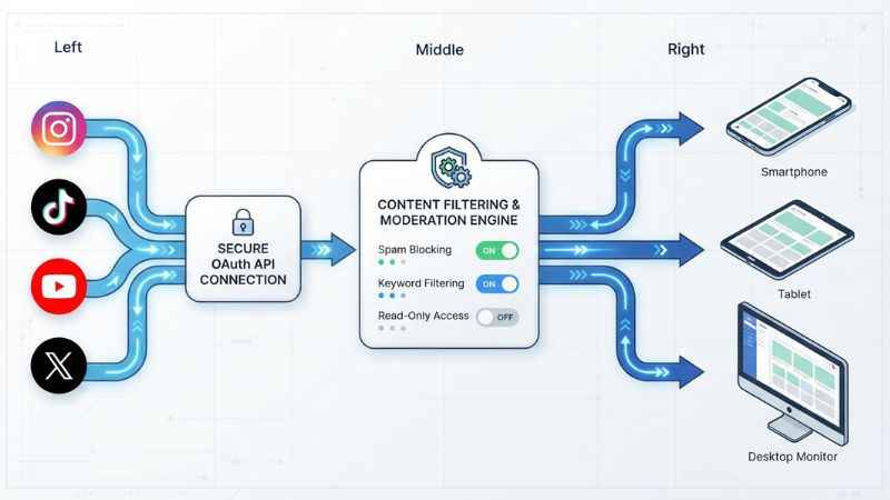 Diagram showing how social media aggregator tools fetch, moderate, and display live posts on a website.