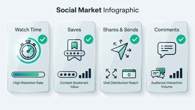 A checklist diagram highlighting key social media ranking factors including watch time, saves, and shares.