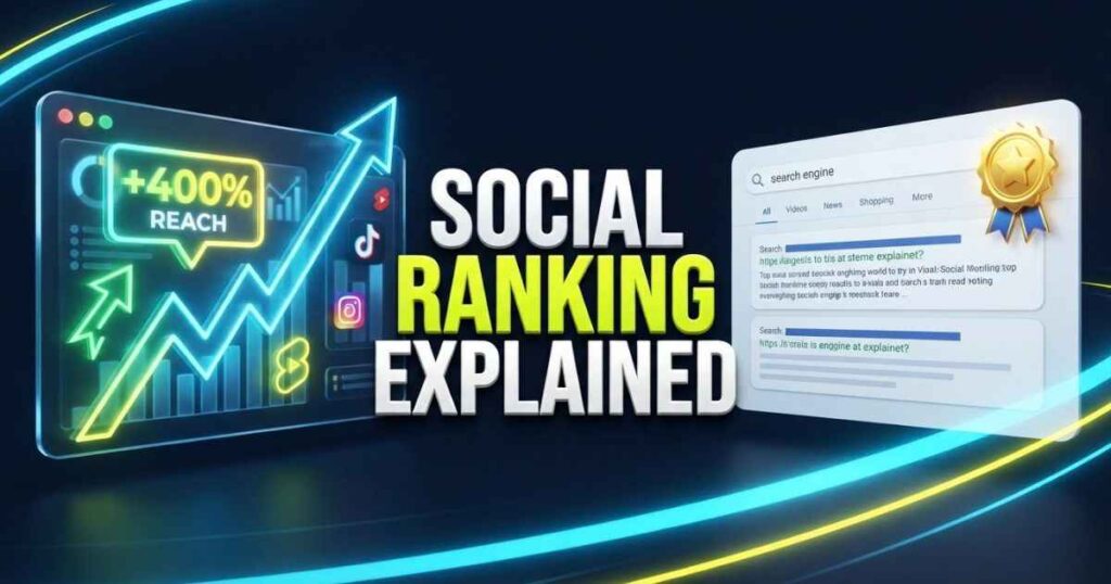 A digital illustration showing a social media analytics dashboard and search results interface for social media ranking.