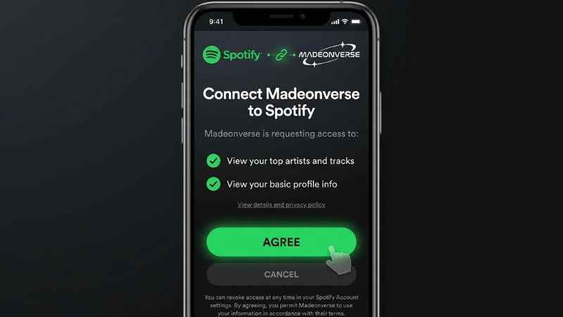 The official Spotify account permission screen required to connect to Madeonverse.