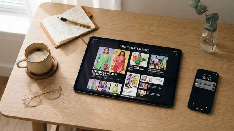 Tablet on a desk showing fashion and lifestyle blog posts on StyleInVenture.com.