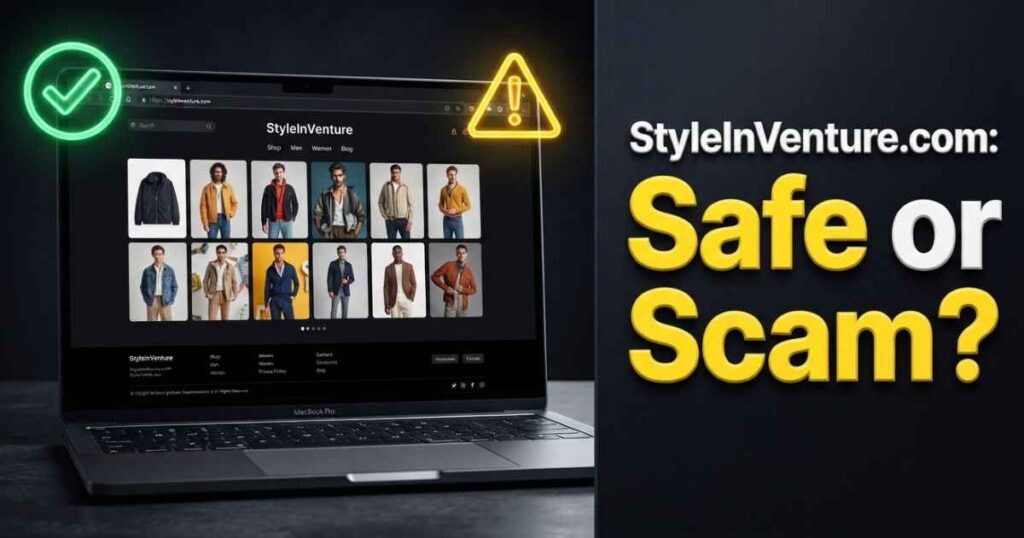 Laptop screen displaying the StyleInVenture.com website with security assessment icons.
